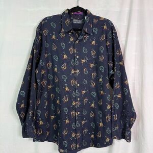 Thomas Bros Maker Shirt Navy Equestrian Print Button-Up Vintage Shirt XL